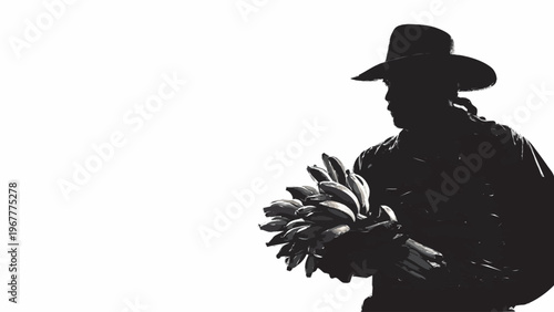 silhueta de agricultor segurando cacho de banana isolado fundo branco conceito agro rural colheita minimalista