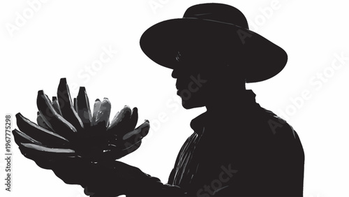 silhueta de agricultor segurando cacho de banana isolado fundo branco conceito agro rural colheita minimalista