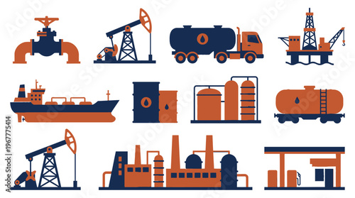 Professional Oil and Gas Industry Vector Icon Set Featuring Petroleum Drilling Rig Tanker Truck Refinery and Fuel Station Graphics