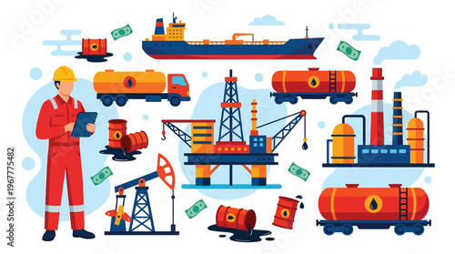 Oil and gas industry industrial supply chain with worker oil rig tanker ship and refinery elements for energy business marketing