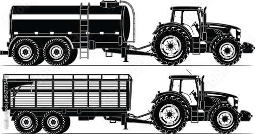 Agricultural tractor with trailers silhouette set, farming transport vehicles, tanker and cargo trailer illustration, rural machinery concept, farm equipment vector isolated on background