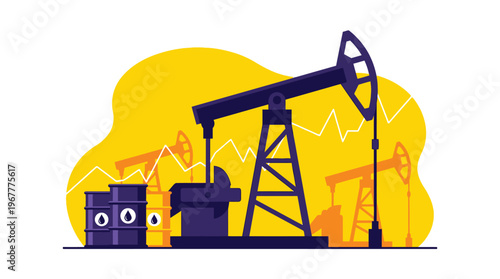 Oil Pump Jack with Barrels and Financial Growth Chart Illustrating Global Energy Market and Fuel Industry Trends