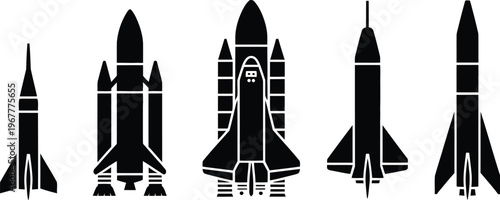 Rocket silhouette icon set, collection of rockets space shuttle and missile silhouettes for aerospace technology science exploration and transport design.