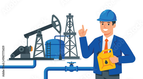 Successful Oil Industry Businessman in Hard Hat with Fuel Canister and Drilling Rig Equipment for Energy Sector Marketing