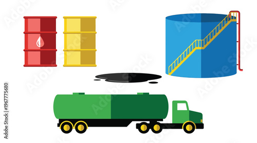 Oil and Gas Industry Logistics Flat Icons Set featuring Fuel Tanker Truck Barrels and Large Storage Tank on White Background