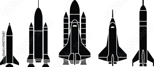 Rocket silhouette icon set, collection of rockets space shuttle and missile silhouettes for aerospace technology science exploration and transport design.
