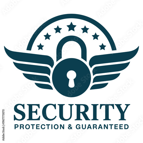 Security emblem featuring a lock with wings and stars for protection and guarantee.