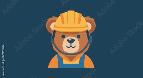Cartoon bear construction worker wearing hard hat and overalls, cute character illustration