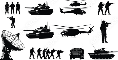 Military silhouettes set with soldiers, tanks, helicopters, radar and armored vehicles, modern warfare collection, army equipment illustration, defense forces concept, black and white vector design