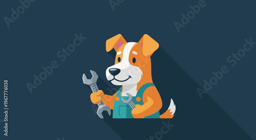 Cartoon Dog Mechanic Holding Wrench, Wearing Overalls, Flat Design