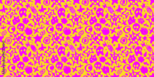A vibrant chaotic pattern of skulls stars and doodles in pink and yellow