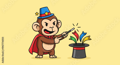 Cartoon Monkey Magician with Magic Wand and Top Hat