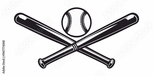A black and white illustration of a baseball and two crossed bats