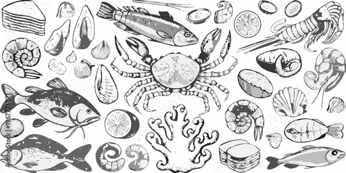 Vintage style illustration featuring various seafood and marine life elements