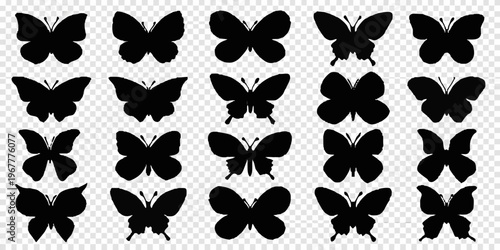 Collection of various black butterfly silhouettes arranged in a grid pattern