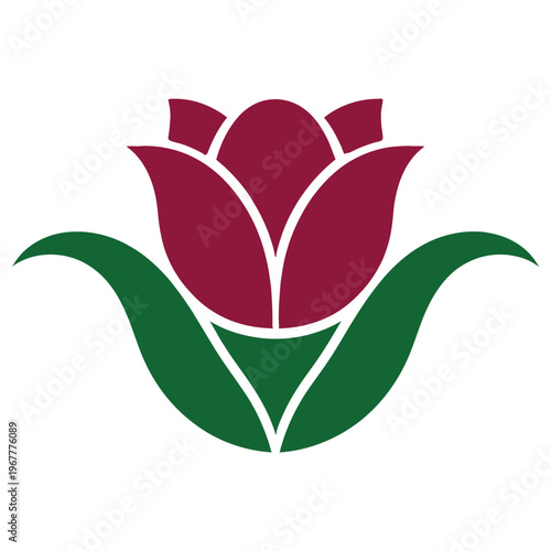 Elegant stylized illustration of a maroon tulip with green leaves