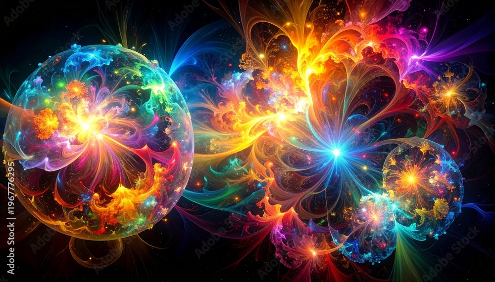 Obraz premium Radiant spheres interconnected by swirling energy filaments, multicolored spectrum against dark background, symbolizing cosmic particles, energy fields, and abstract universal phenomena.