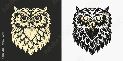 Two stylized owl portraits presented in contrasting color schemes