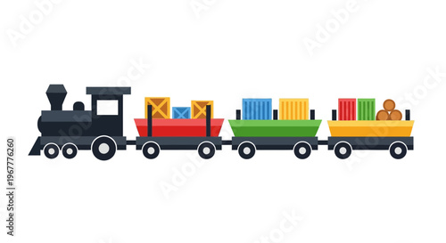 Colorful Toy Train Carrying Cargo Boxes and Containers, Flat Design