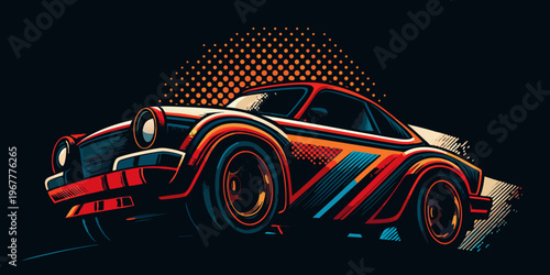 Stylized illustration of a classic car with halftone background elements