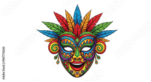 Colorful Tribal Mask with Feathers, Festive Celebration Face, Carnival Mask