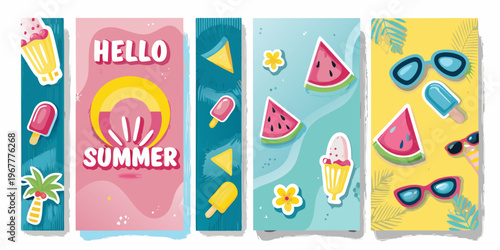 Colorful summer illustrations featuring fruits ice cream and sunglasses
