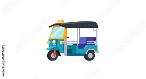 Colorful Tuk Tuk Auto Rickshaw Vehicle, Flat Design, Isolated on White Background