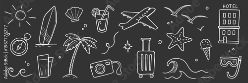 Chalk summer travel doodle icon set. Hand drawn chalkboard vacation holiday beach trip sketch on blackboard. Cute doodle sunglasses palm ice cream suitcase sun adventure. Vector illustration