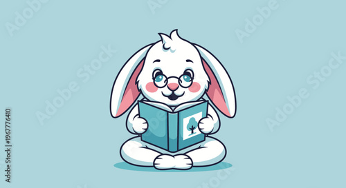Cute cartoon bunny reading a book, educational concept