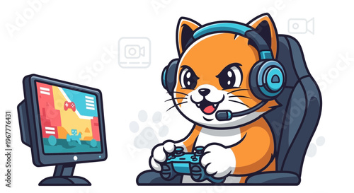 Cute cartoon cat playing video games with headphones and controller, e-sports concept