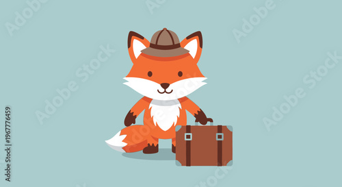 Cute cartoon fox adventurer with suitcase, ready for travel and exploration