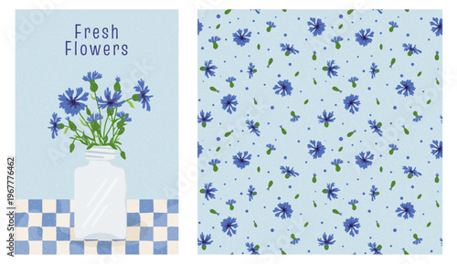 A bouquet of cornflowers in a glass vase and a seamless floral pattern. Botanical illustration with blue wildflowers on a blue background. Graphic design element for textiles and stationery.