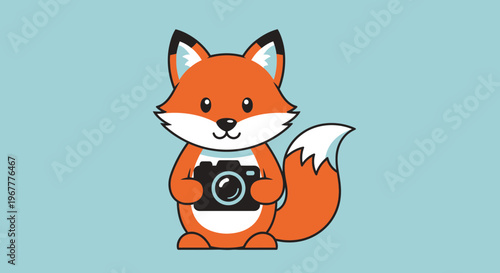 Cute cartoon fox holding a camera, illustration on blue background