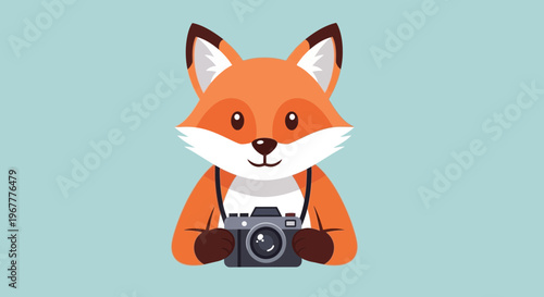 Cute Cartoon Fox Holding a Vintage Camera