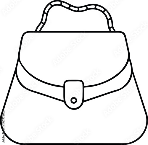 Elegant outline drawing of a classic ladies fashion handbag with a charming handle and front flap closure