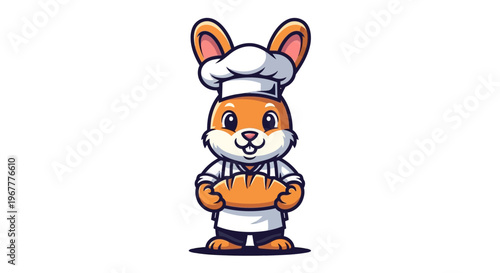 Cute Chef Rabbit Holding Fresh Bread Loaf, Cartoon Character