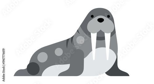 Cute Flat Walrus Illustration, Arctic Animal, Tusked Marine Mammal Icon