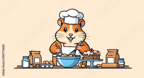 Cute Hamster Chef Baking a Cake with Ingredients and Baking Tools