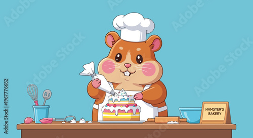 Cute Hamster Chef Decorating Cake with Icing Bag, Bakery Scene