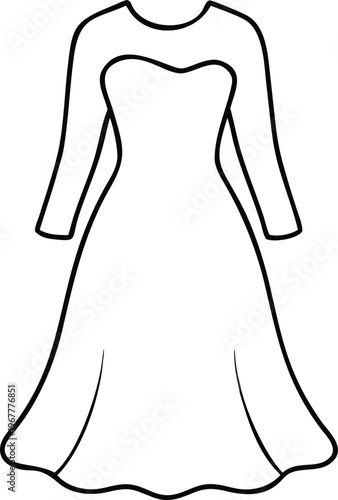 Elegant outline drawing of a modest full length dress with long sleeves and a classic scoop neckline