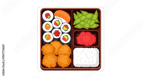 Delicious Bento Box with Sushi, Fried Chicken, Edamame, Rice and Ginger