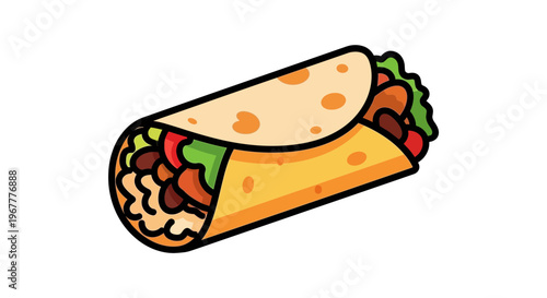 Delicious burrito illustration, stuffed with meat, lettuce, and tomato