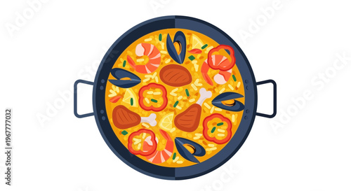 Delicious Seafood Paella in Traditional Pan, Top View