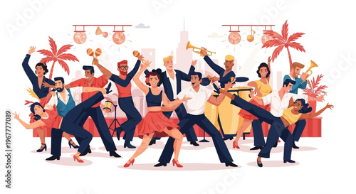 Diverse group dancing salsa and Latin music at a vibrant party