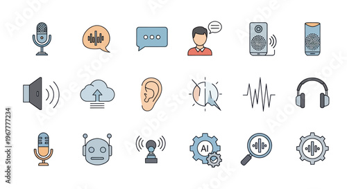 Voice Recognition Technology Icons: AI, Microphone, Sound Waves, Chat, Headphones
