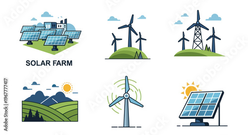 Renewable Energy Icons: Solar Panels and Wind Turbines, Sustainable Power Generation