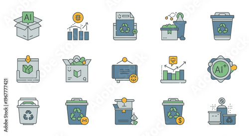 AI Technology Recycling and Data Analysis Icons Set