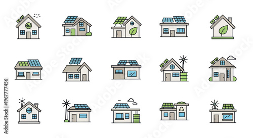 Eco-friendly house icons with solar panels and wind turbines, green energy concept