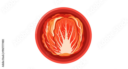 Fresh Nappa Cabbage Kimchi in Red Bowl, Korean Fermented Food