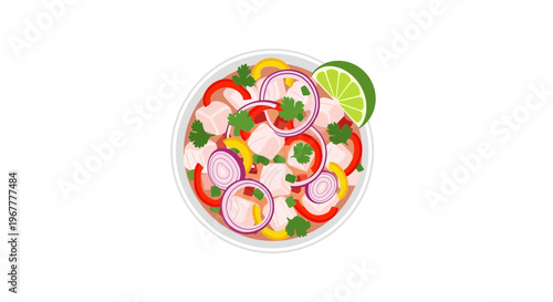 Fresh Ceviche Dish with Lime, Onion, Peppers, and Cilantro - Top View